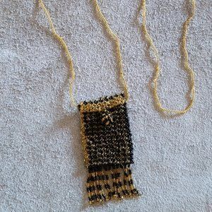 Vintage Seed Bead Gold & Black Tribal Necklace Pouch w/ Fringe -Jewelry, Fashion